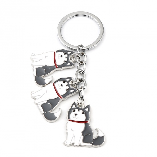 Picture of Keychain & Keyring Silver Tone Gray Husky Animal Enamel 95mm, 1 Piece