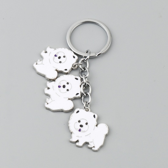 Picture of Keychain & Keyring Silver Tone White Chow Chow Dog Enamel 96mm, 1 Piece
