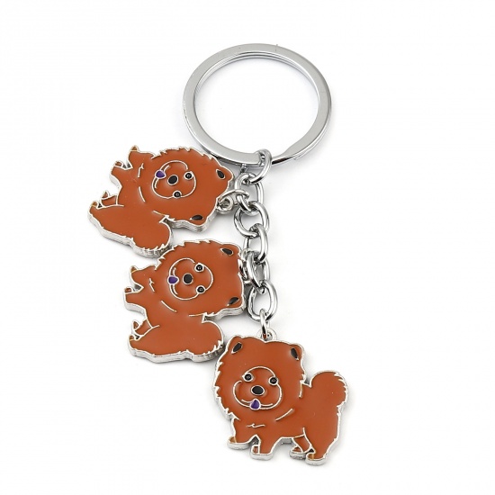 Picture of Keychain & Keyring Silver Tone Brown Chow Chow Dog Enamel 96mm, 1 Piece
