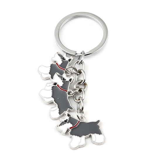 Picture of Keychain & Keyring Silver Tone Gray Schnauzer Animal Enamel 87mm, 1 Piece