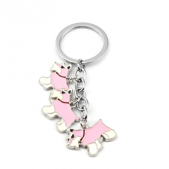 Picture of Keychain & Keyring Silver Tone Pink Schnauzer Animal Enamel 87mm, 1 Piece