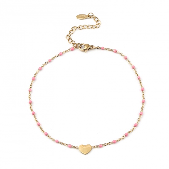 Picture of Stainless Steel Valentine's Day Anklet Gold Plated Pink Enamel Heart 23cm(9") long, 1 Piece