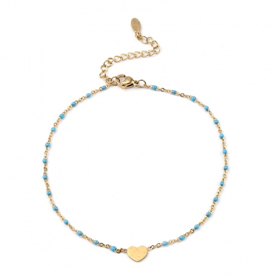 Picture of Stainless Steel Valentine's Day Anklet Gold Plated Light Blue Enamel Heart 23cm(9") long, 1 Piece
