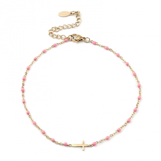 Picture of Stainless Steel Religious Anklet Gold Plated Pink Enamel Cross 23cm(9") long, 1 Piece