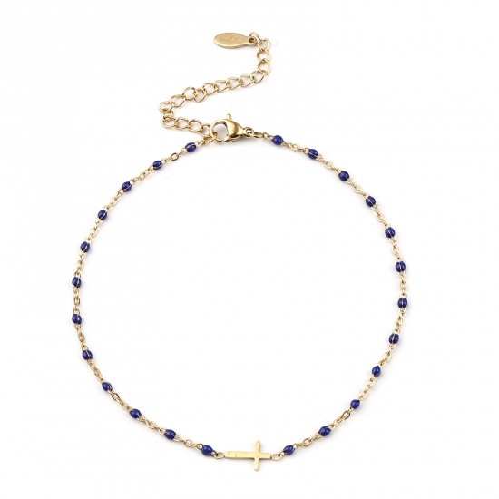 Picture of Stainless Steel Religious Anklet Gold Plated Royal Blue Enamel Cross 23cm(9") long, 1 Piece