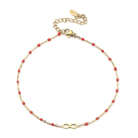 Picture of Stainless Steel Anklet Gold Plated Red Enamel Infinity Symbol 23cm(9") long, 1 Piece