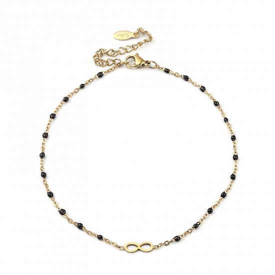 Picture of Stainless Steel Anklet Gold Plated Black Enamel Infinity Symbol 23cm(9") long, 1 Piece