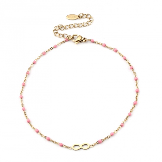 Picture of Stainless Steel Anklet Gold Plated Pink Enamel Infinity Symbol 23cm(9") long, 1 Piece
