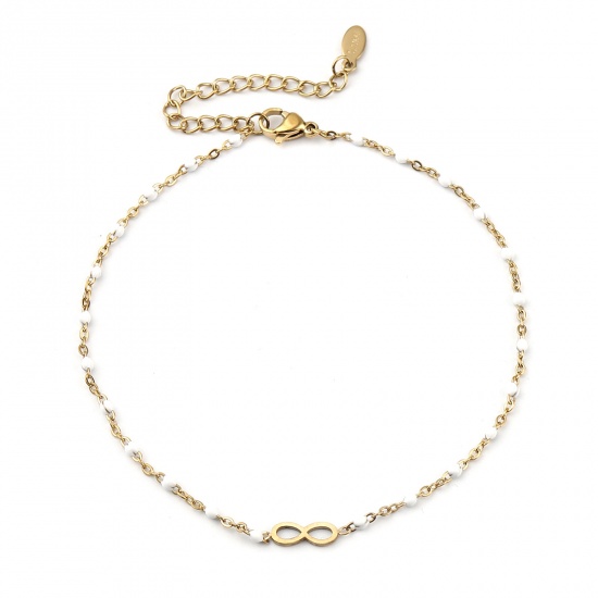 Picture of Stainless Steel Anklet Gold Plated White Enamel Infinity Symbol 23cm(9") long, 1 Piece