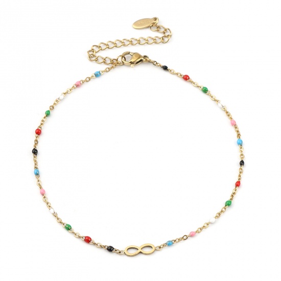 Picture of Stainless Steel Anklet Gold Plated Multicolor Enamel Infinity Symbol 23cm(9") long, 1 Piece