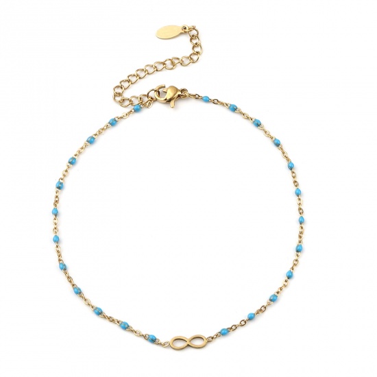 Picture of Stainless Steel Anklet Gold Plated Light Blue Enamel Infinity Symbol 23cm(9") long, 1 Piece