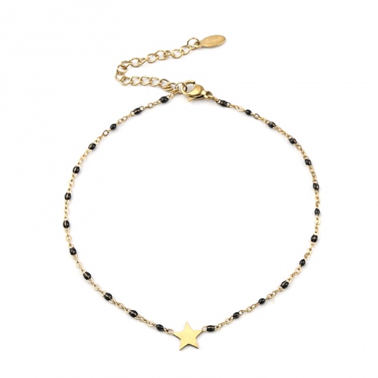 Picture of Stainless Steel Galaxy Anklet Gold Plated Black Enamel Pentagram Star 23cm(9") long, 1 Piece