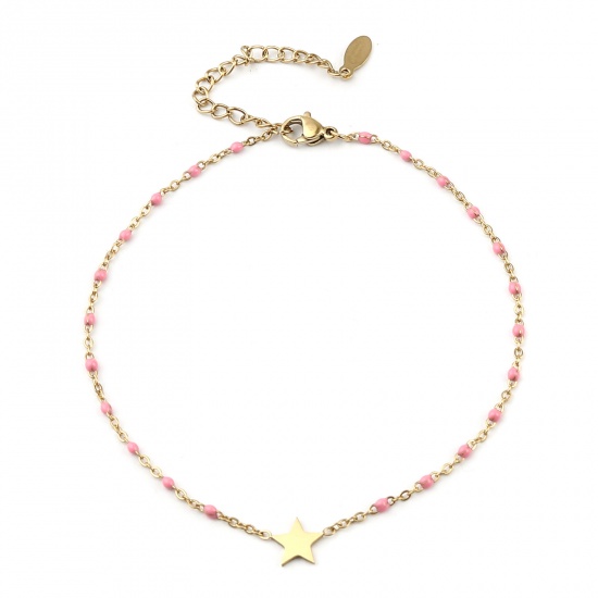 Picture of Stainless Steel Galaxy Anklet Gold Plated Pink Enamel Pentagram Star 23cm(9") long, 1 Piece