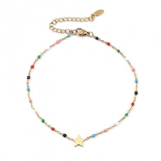 Picture of Stainless Steel Galaxy Anklet Gold Plated Multicolor Enamel Pentagram Star 23cm(9") long, 1 Piece
