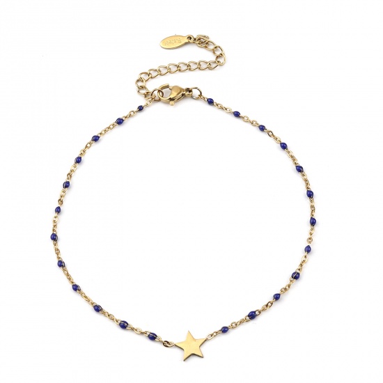 Picture of Stainless Steel Galaxy Anklet Gold Plated Royal Blue Enamel Pentagram Star 23cm(9") long, 1 Piece