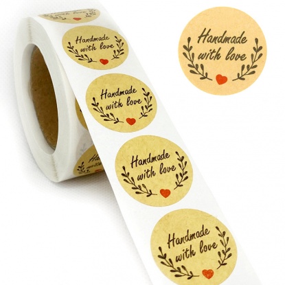 ブラウン-ハンドメイドウィズラブレッドハートクラフト紙焼き包装ラベルシールステッカー直径2.5cm、1巻（500枚 /巻） の画像