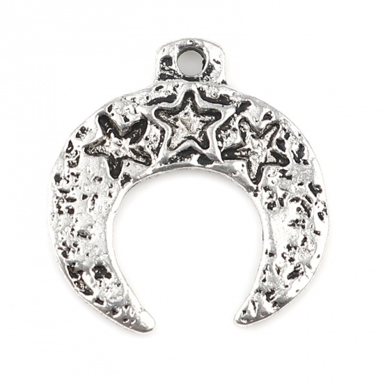 Picture of Zinc Based Alloy Galaxy Charms Half Moon Antique Silver Color Star 21mm x 20mm, 20 PCs
