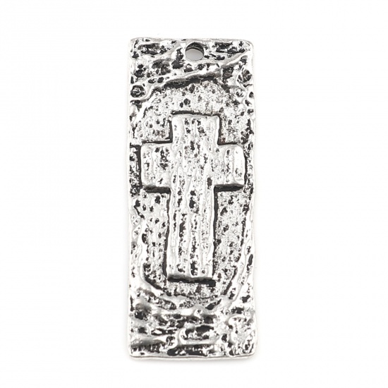 Picture of Zinc Based Alloy Religious Pendants Rectangle Antique Silver Color Cross 33mm x 13mm, 10 PCs