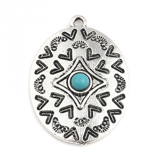 Picture of Zinc Based Alloy & Acrylic Pendants Oval Antique Silver Color Blue Carved Pattern Imitation Turquoise 32mm x 23mm, 5 PCs
