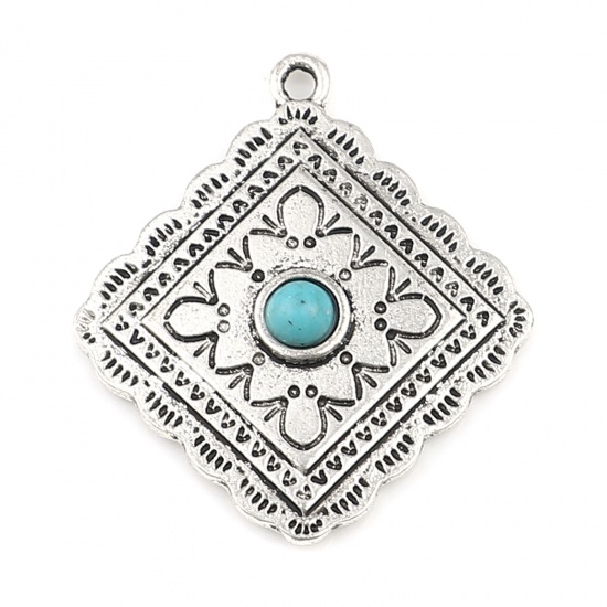 Picture of Zinc Based Alloy & Acrylic Pendants Rhombus Antique Silver Color Blue Carved Pattern Imitation Turquoise 31mm x 28mm, 5 PCs