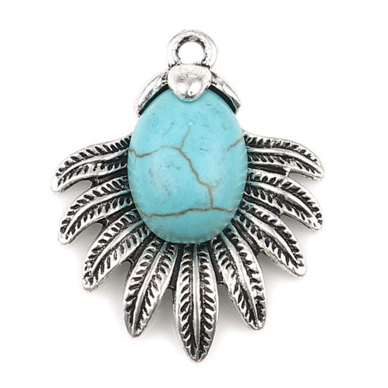 Picture of Zinc Based Alloy & Acrylic Boho Chic Bohemia Charms Fan-shaped Antique Silver Color Blue Feather 29mm x 24mm, 10 PCs