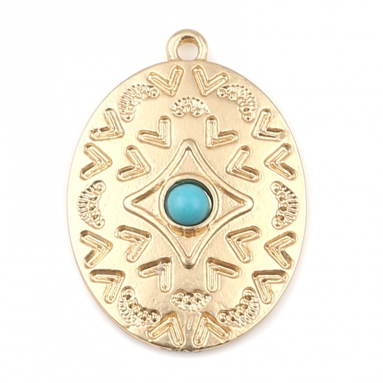 Picture of Zinc Based Alloy & Acrylic Pendants Oval Matt Gold Blue Carved Pattern Imitation Turquoise 32mm x 23mm, 5 PCs
