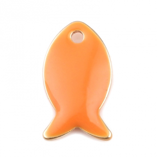 Image de Breloques Sequins Emaillés Double Face en Cuivre Poisson Doré Orange 14mm x 8mm, 10 Pcs