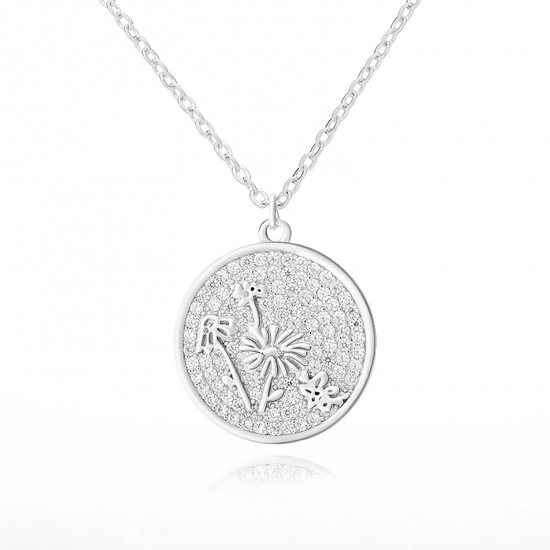 Picture of Stainless Steel Birth Month Flower Link Cable Chain Findings Necklace Silver Tone Daisy Flower April Clear Cubic Zirconia 38cm(15") long, 1 Piece