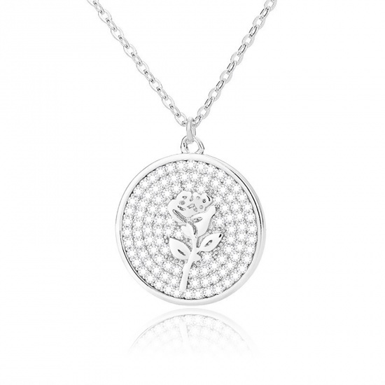 Picture of Stainless Steel Birth Month Flower Link Cable Chain Findings Necklace Silver Tone Lotus Flower July Clear Cubic Zirconia 38cm(15") long, 1 Piece