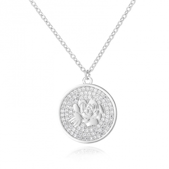 Picture of Stainless Steel Birth Month Flower Link Cable Chain Findings Necklace Silver Tone Peony Flower September Clear Cubic Zirconia 38cm(15") long, 1 Piece