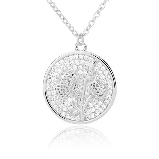 Picture of Stainless Steel Birth Month Flower Link Cable Chain Findings Necklace Silver Tone Chrysanthemum Flower November Clear Cubic Zirconia 38cm(15") long, 1 Piece