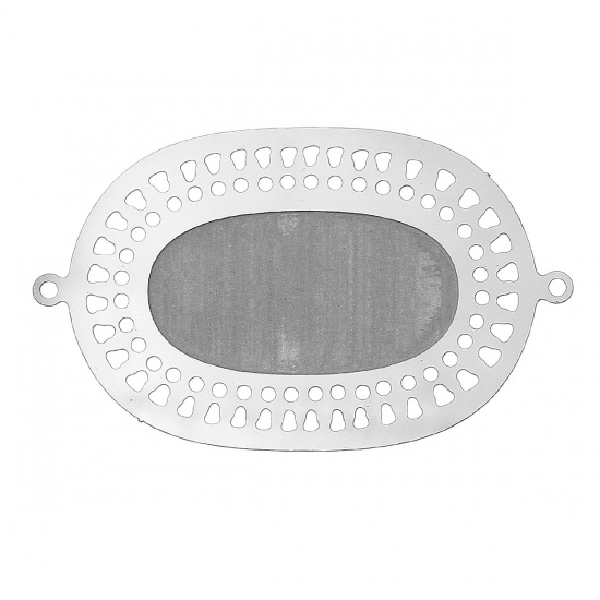 Picture of 304 Stainless Steel Filigree Stamping Connectors Findings Oval Silver Tone Hollow 46mm(1 6/8") x 28mm(1 1/8"), 10 PCs