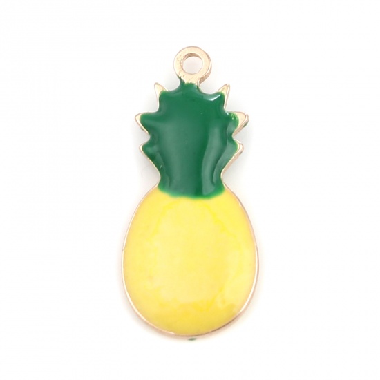 Immagine di Rame Sequins Smaltati Charms Oro Placcato Giallo Limone Ananas 16mm x 7mm, 5 Pz