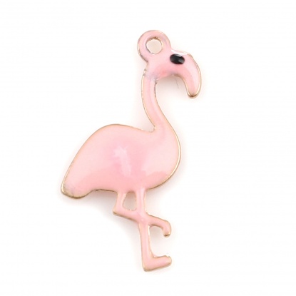 Picture of Copper Enamelled Sequins Charms Gold Plated Light Pink Flamingo 14mm x 7mm, 5 PCs