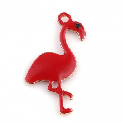 Picture of Copper Enamelled Sequins Charms Gold Plated Red Flamingo 14mm x 7mm, 5 PCs