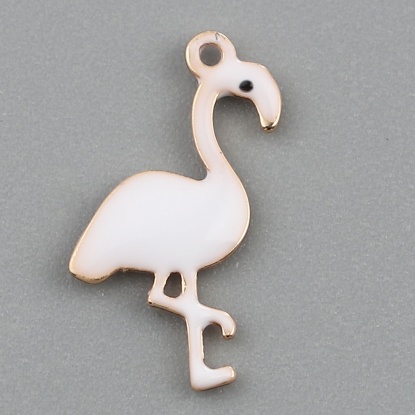 Picture of Copper Enamelled Sequins Charms Gold Plated White Flamingo 14mm x 7mm, 5 PCs
