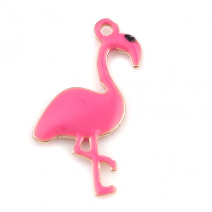 Picture of Copper Enamelled Sequins Charms Gold Plated Fuchsia Flamingo 14mm x 7mm, 5 PCs