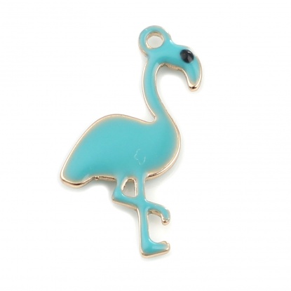 Picture of Copper Enamelled Sequins Charms Gold Plated Lake Blue Flamingo 14mm x 7mm, 5 PCs