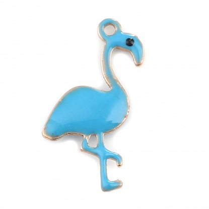 Picture of Copper Enamelled Sequins Charms Gold Plated Blue Flamingo 14mm x 7mm, 5 PCs
