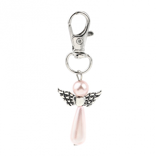 Picture of Keychain & Keyring Silver Tone Light Pink Heart Wing 67mm, 5 PCs