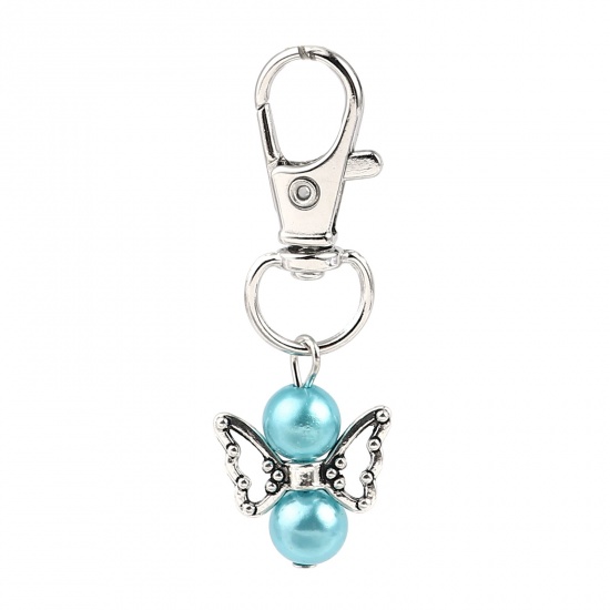 Bild von Schlüsselkette & Schlüsselring Silberfarbe Blau Herz Flügel 53mm, 5 Stück