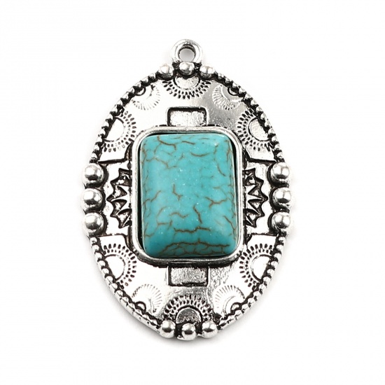 Picture of Zinc Based Alloy Boho Chic Bohemia Pendants Oval Antique Silver Color Green Blue Imitation Turquoise 43mm x 29mm, 5 PCs