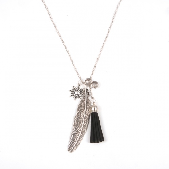 Picture of Fashion Necklace Antique Silver 3:1 Link Chain Silver Tone Feather Black Tassel Pendant 73.0cm(28 6/8") long, 1 Piece