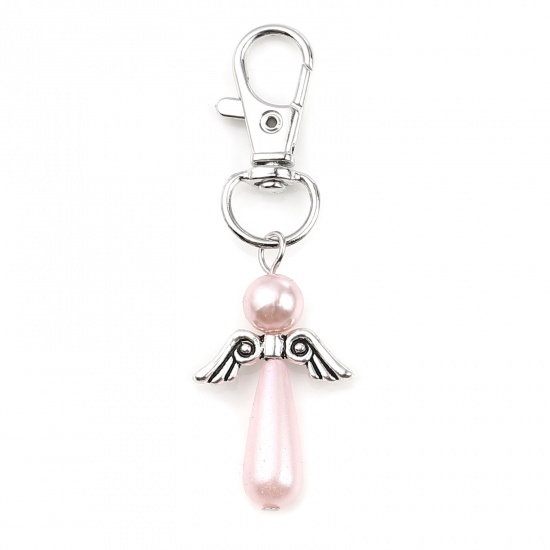 Picture of Keychain & Keyring Silver Tone Light Pink Drop Wing Pearlized 65mm, 5 PCs
