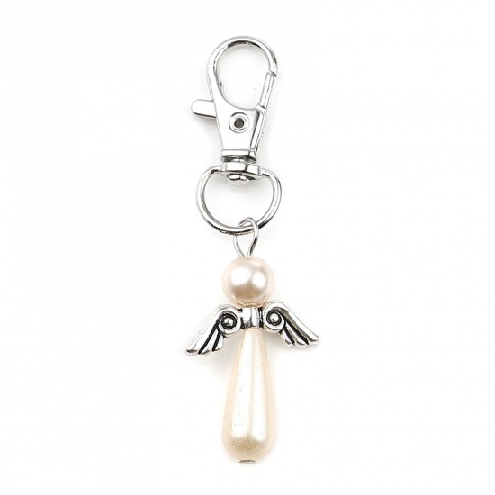 Picture of Keychain & Keyring Silver Tone Beige Drop Wing Pearlized 65mm, 5 PCs