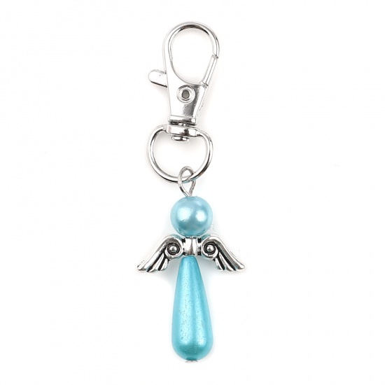 Picture of Keychain & Keyring Silver Tone Blue Drop Wing Pearlized 65mm, 5 PCs