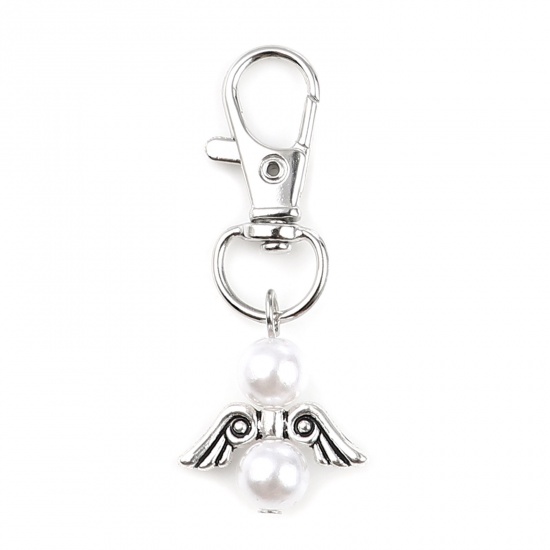 Picture of Keychain & Keyring Silver Tone White Round Wing Pearlized 53mm, 5 PCs