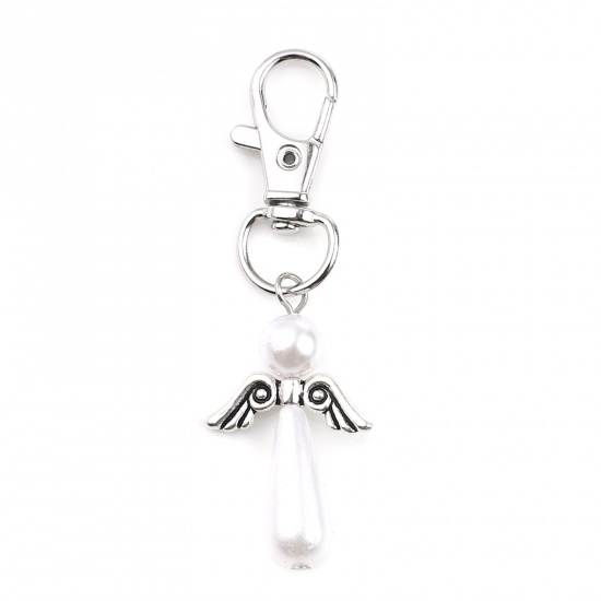 Bild von Schlüsselkette & Schlüsselring Silberfarbe Weiß Tropfen Flügel Perlmuttartig 65mm, 5 Stück