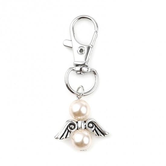 Bild von Schlüsselkette & Schlüsselring Silberfarbe Beige Rund Flügel Perlmuttartig 53mm, 5 Stück