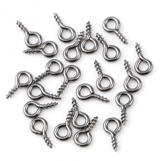 Picture of Iron Based Alloy Screw Eyes Bails Top Drilled Findings Gunmetal 8mm x 4mm, Needle Thickness: 1.3mm, 200 PCs
